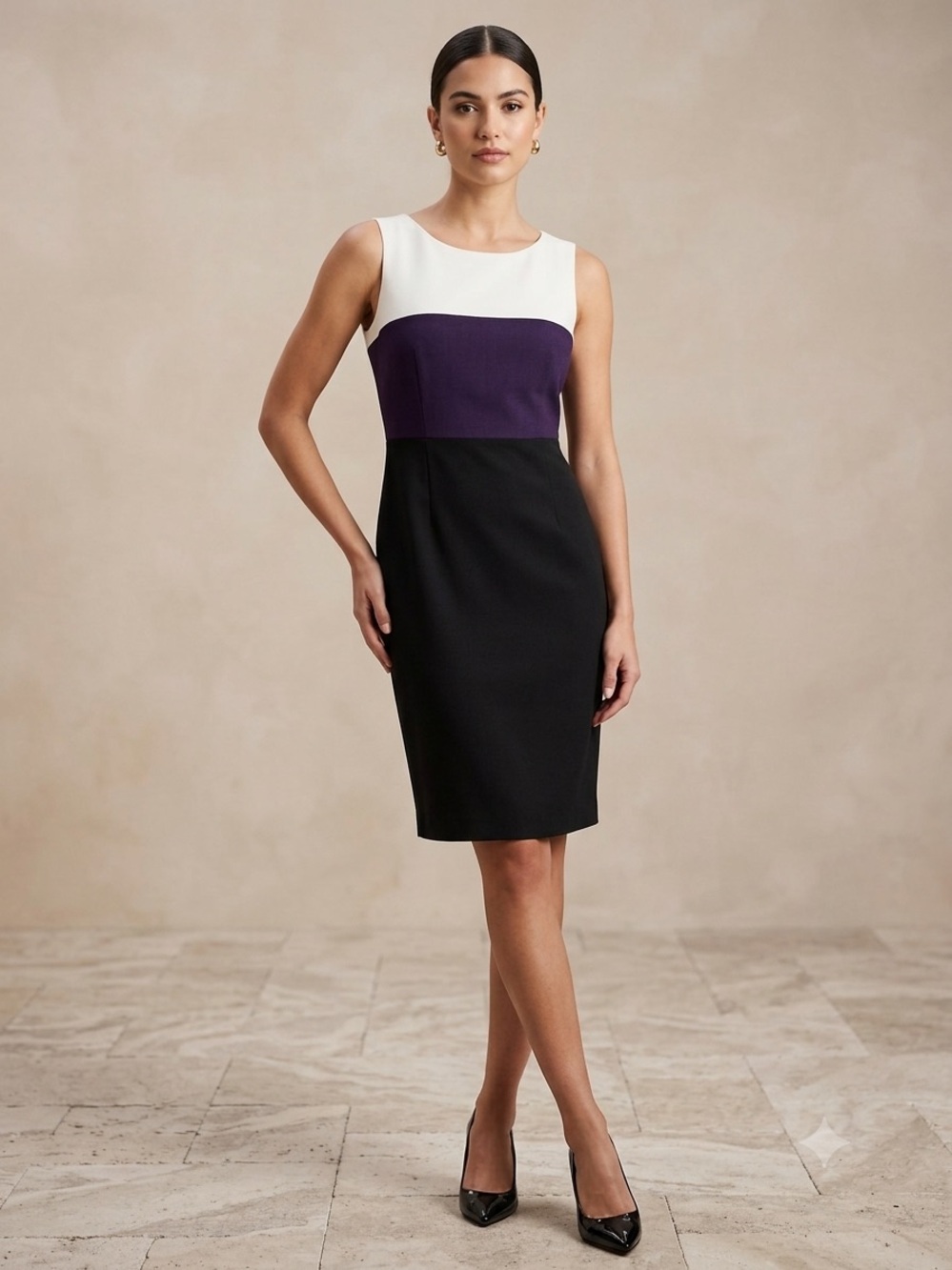 Evan Picone White, Purple & Black Colorblock Sheath Midi Dress